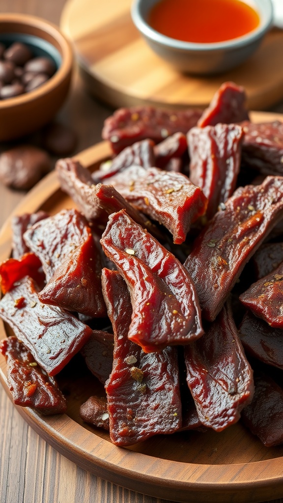 Homemade beef jerky on a wooden platter, showcasing its savory texture and rich color.